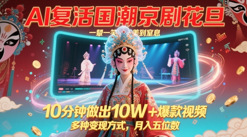 AI复活国潮京剧花旦，一颦一笑美到窒息，10分钟做出10W 爆款视频，多种变现方式，月入五位数