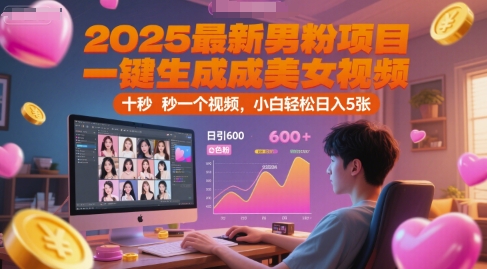 2025最新男粉项目，一键生成美女视频，日引600 色粉 十秒一个视频，小白轻松日入5张【揭秘】