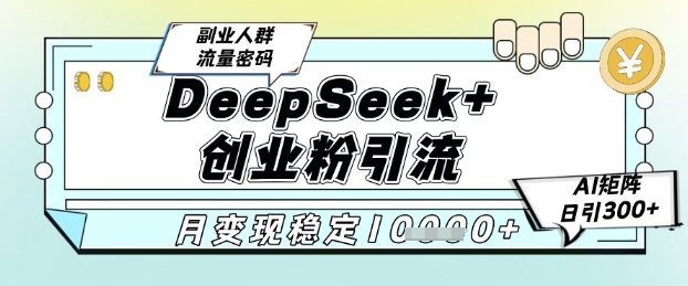 DeepSeek 创业粉精准引流，全新分享课4.0玩法，AI矩阵日引300 ，多种变现方式，稳定月入1W