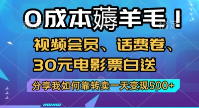 0成本薅羊毛!视频会员、话费卷、30元电影票白送，分享我如何靠转卖一天变现5张 【揭秘】