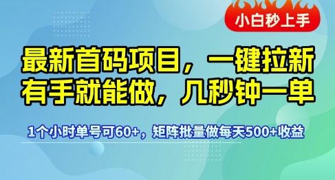 最新首码项目，一键拉新有手就能做，几秒钟一单，1个小时单号可60 ，矩阵批量做每天5张【揭秘】