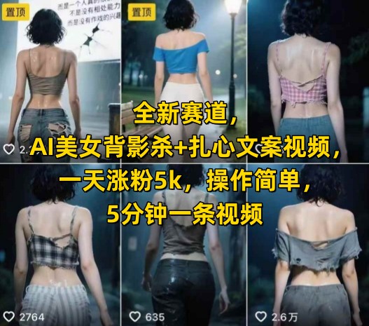 全新赛道，AI美女背影杀 扎心文案视频，一天涨粉5k，操作简单，5分钟一条视频