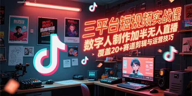 图片[1]-三平台短视频实战课，数字人制作加半无人直播，覆盖20+赛道剪辑与运营技巧-晓月资源网
