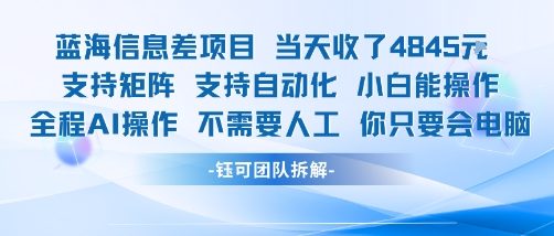 蓝海信息差项目当天收米1k  支持矩阵支持自动化小白能操作全程AI操作不需要人工你只要会电脑