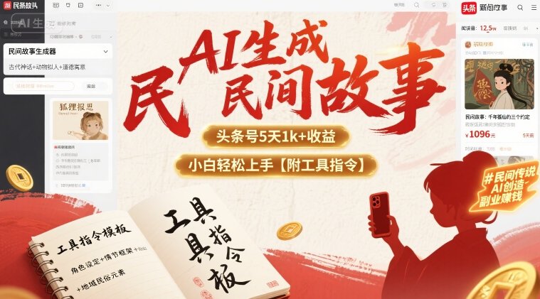 AI生成民间故事，头条号5天1k ，小白轻松上手【附工具指令】
