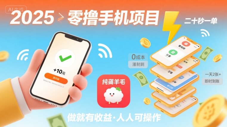 2025年零撸手机项目，二十秒一单，纯薅羊毛 一天2张 做就有