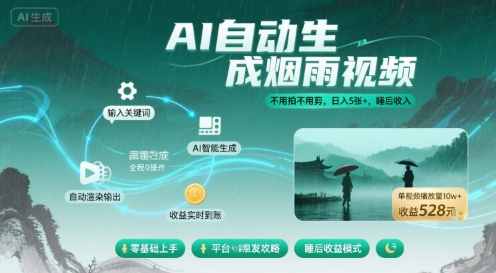 不用拍不用剪！AI自动生成烟雨视频，日入5张 ，睡后收入