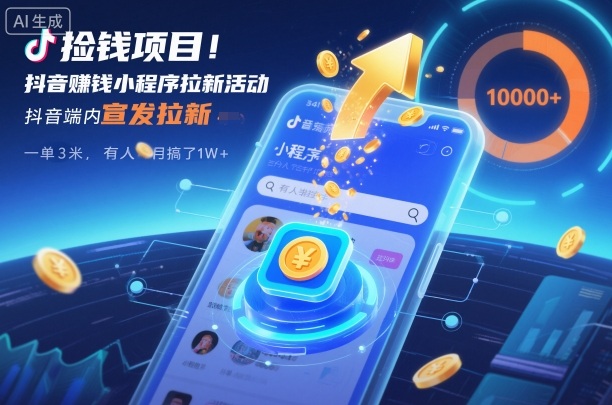 捡钱项目!抖音賺钱小程序拉新活动,抖音端内宣发拉新,一单3米,有人半个月搞了1W