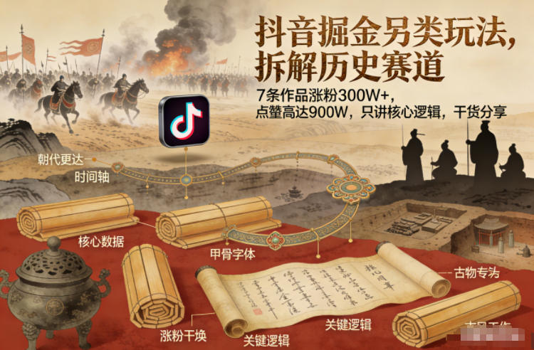 抖音掘金另类玩法，拆解历史赛道，7条作品涨粉300W ，点赞量高达900W，只讲核心逻辑，干货分享